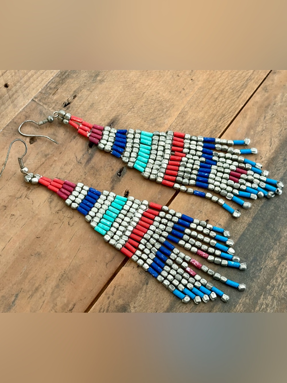 VINTAGE SOUTHWESTERN BEADED FRINGE EARRINGS JTV HSN LONG MULTI COLOR BOHO 4.5"